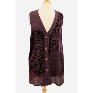 URU Velvet Burnout Sleeveless Blouse One‎ Size Purple Textured Jacquard Vintage